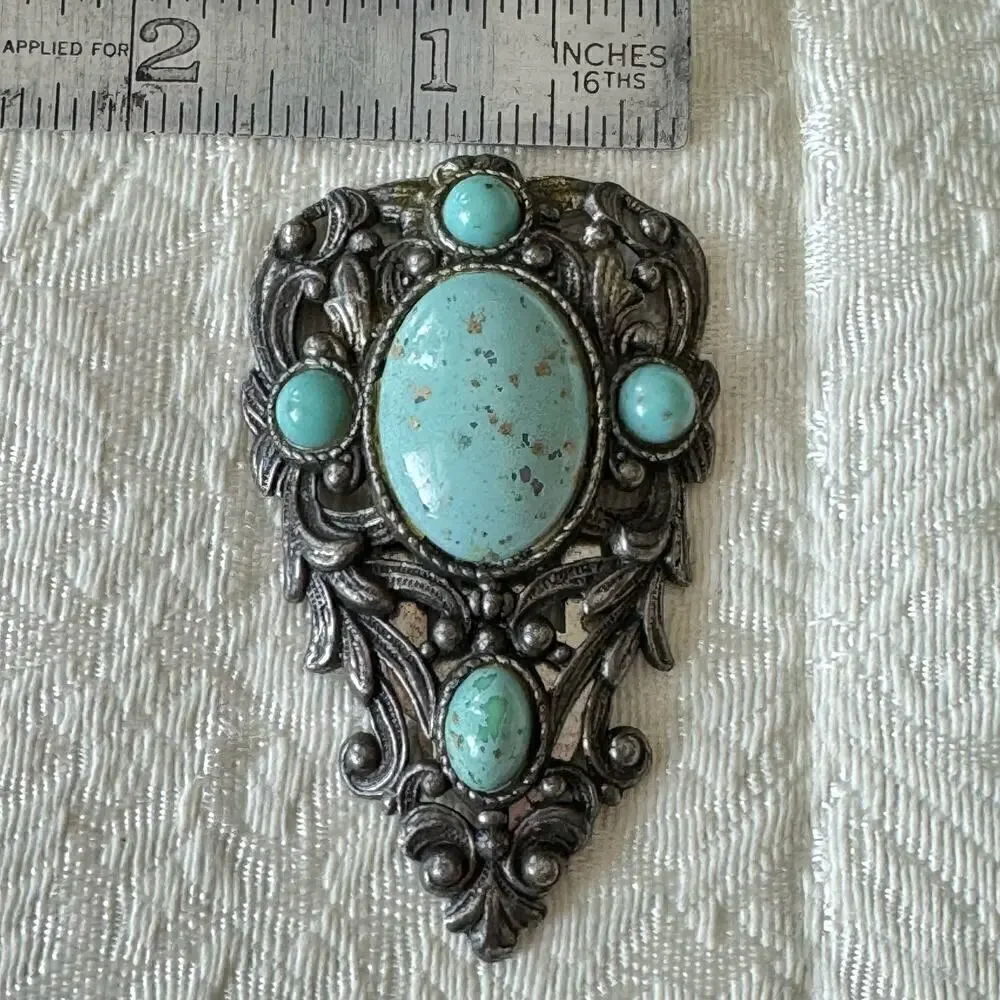 Vintage Art Deco Filigree Turquoise Glass & Silver Dress Fur Clip Brooch 1920s